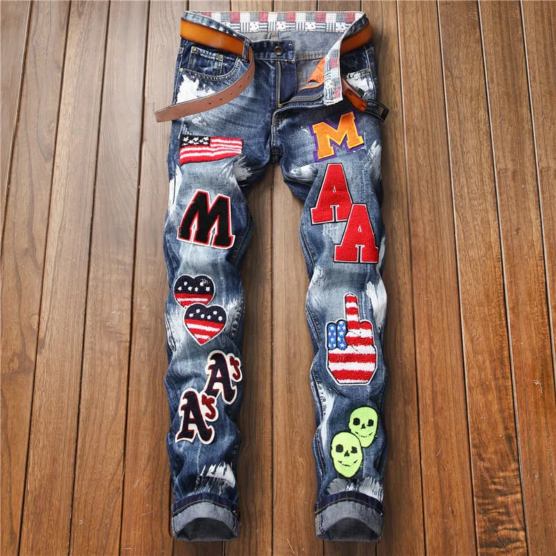Inelasticity Men's Patch Jeans Mid Waisted Straight Streetwear Pants