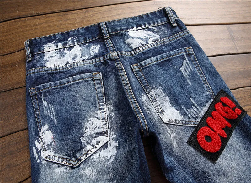 Inelasticity Men's Patch Jeans Mid Waisted Straight Streetwear Pants