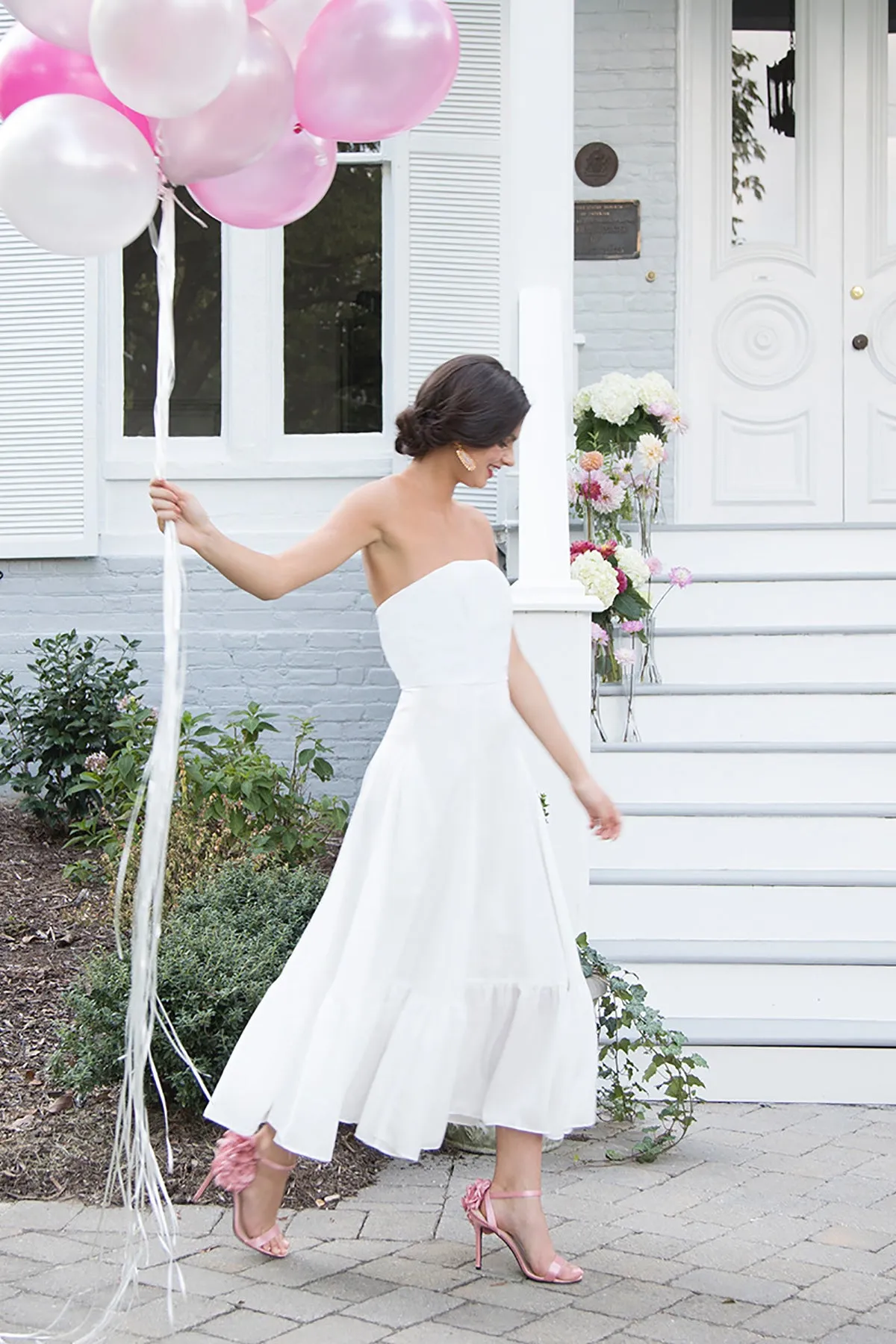Ivie Strapless Tea Length Little White Dress & Bridal Shower Dress
