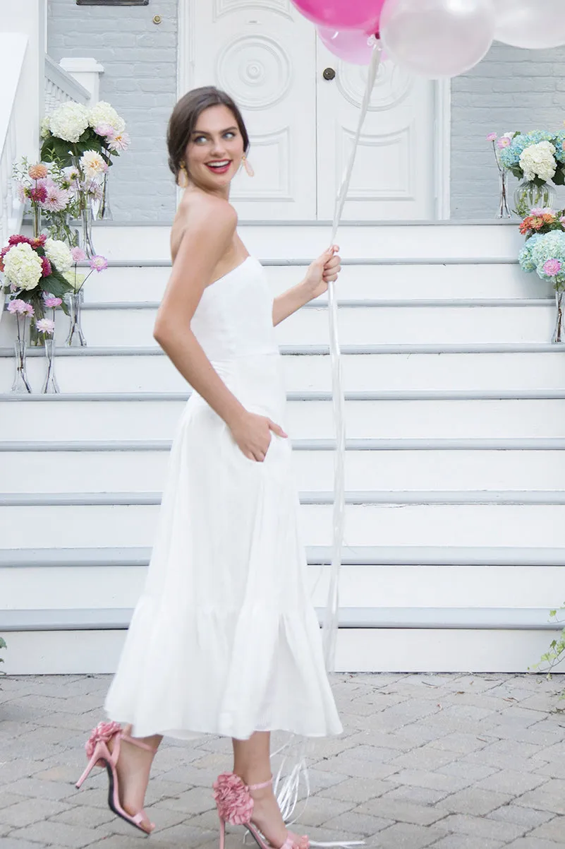 Ivie Strapless Tea Length Little White Dress & Bridal Shower Dress