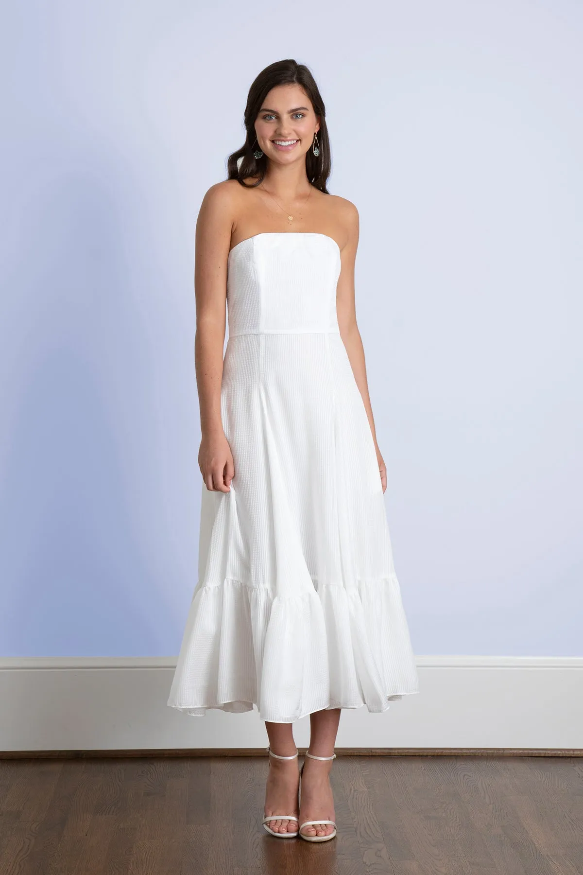 Ivie Strapless Tea Length Little White Dress & Bridal Shower Dress
