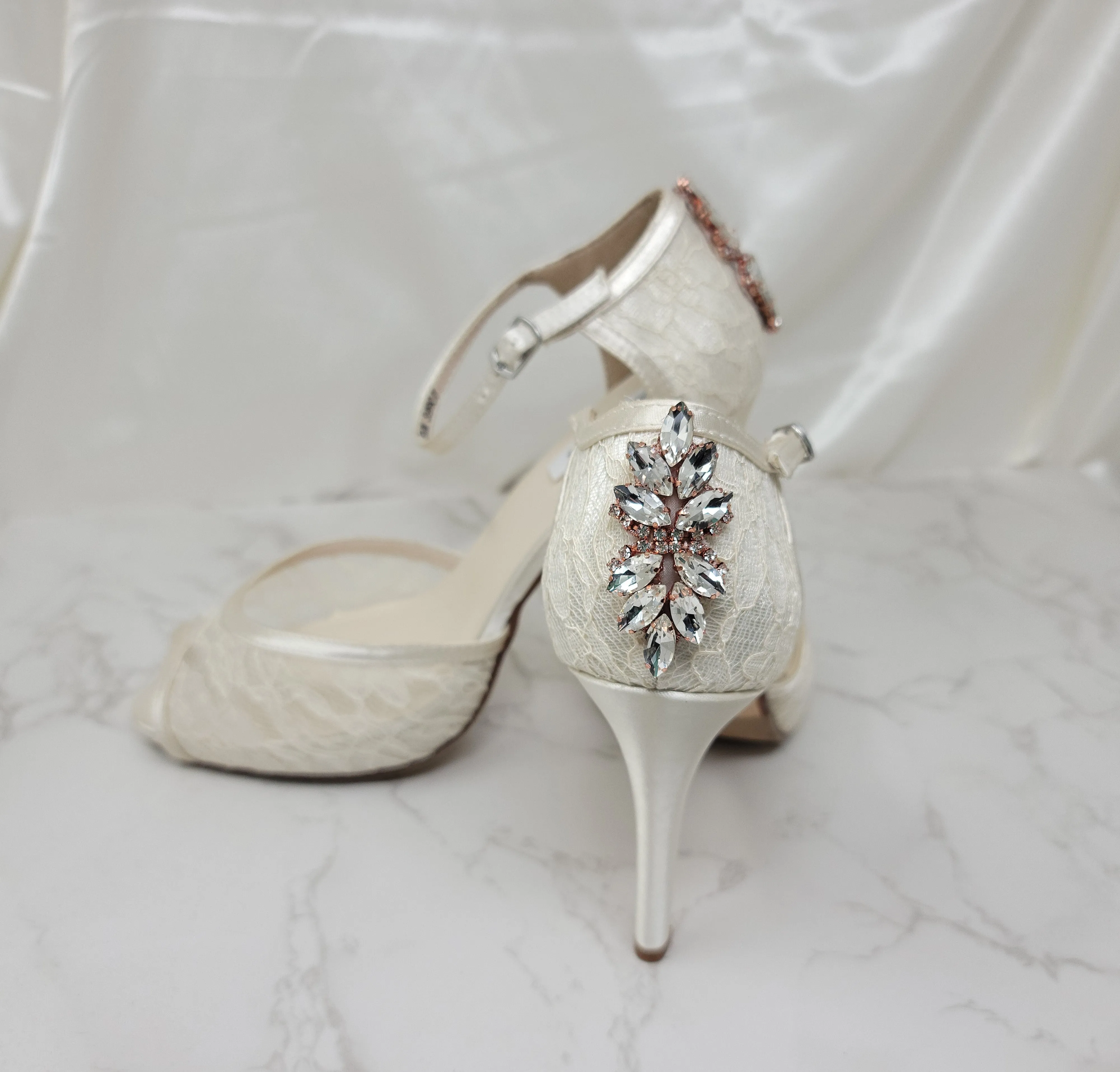 Ivory Lace Bridal Shoes with Rose Gold Back Heel Design