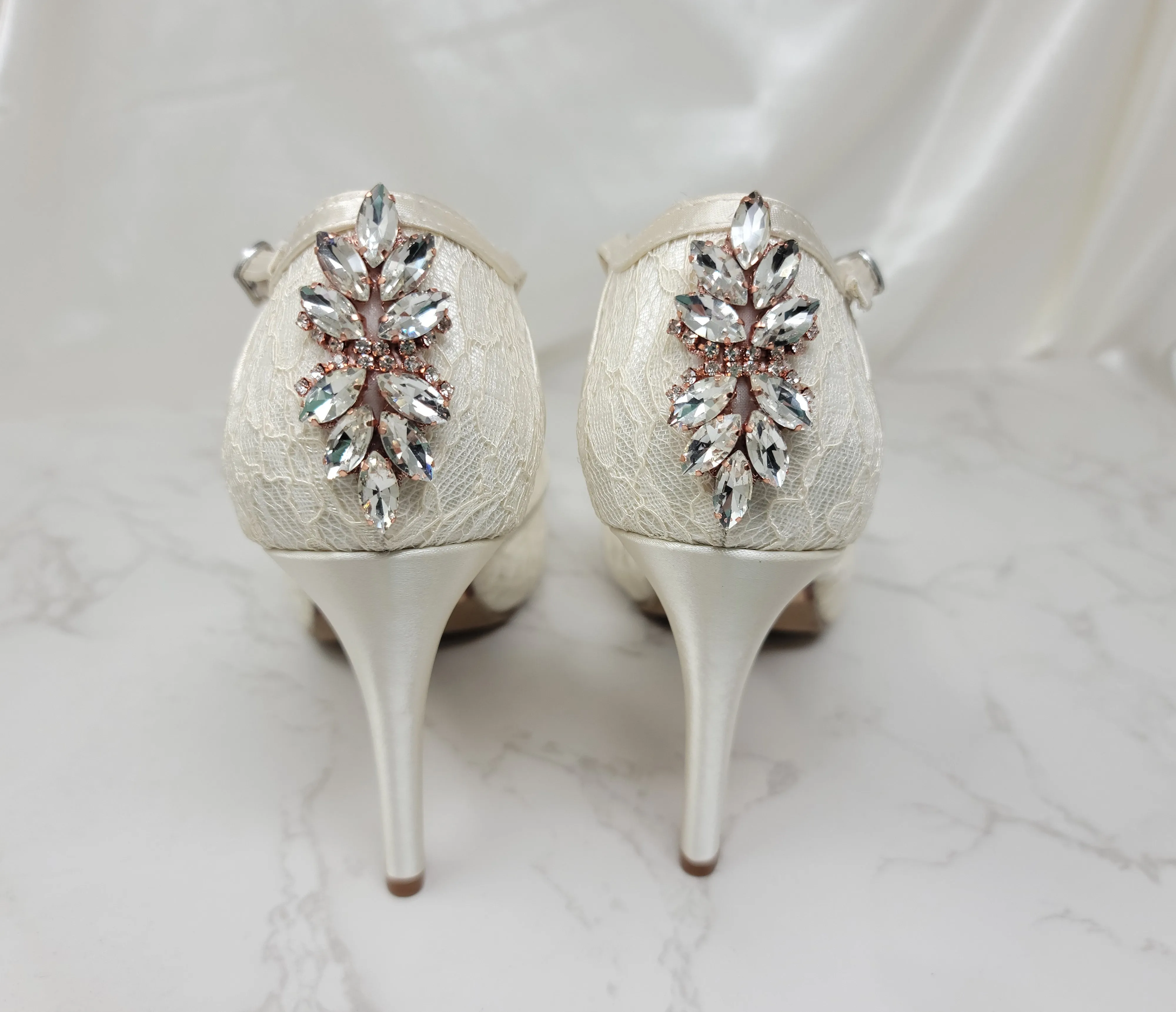 Ivory Lace Bridal Shoes with Rose Gold Back Heel Design