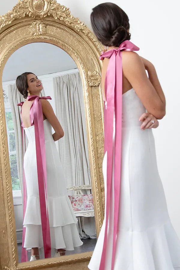 James Strapless White Tea Length Mermaid Rehearsal and Wedding Dress With Pink Ribbon Straps
