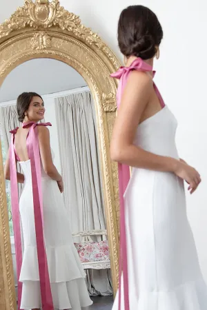 James Strapless White Tea Length Mermaid Rehearsal and Wedding Dress With Pink Ribbon Straps