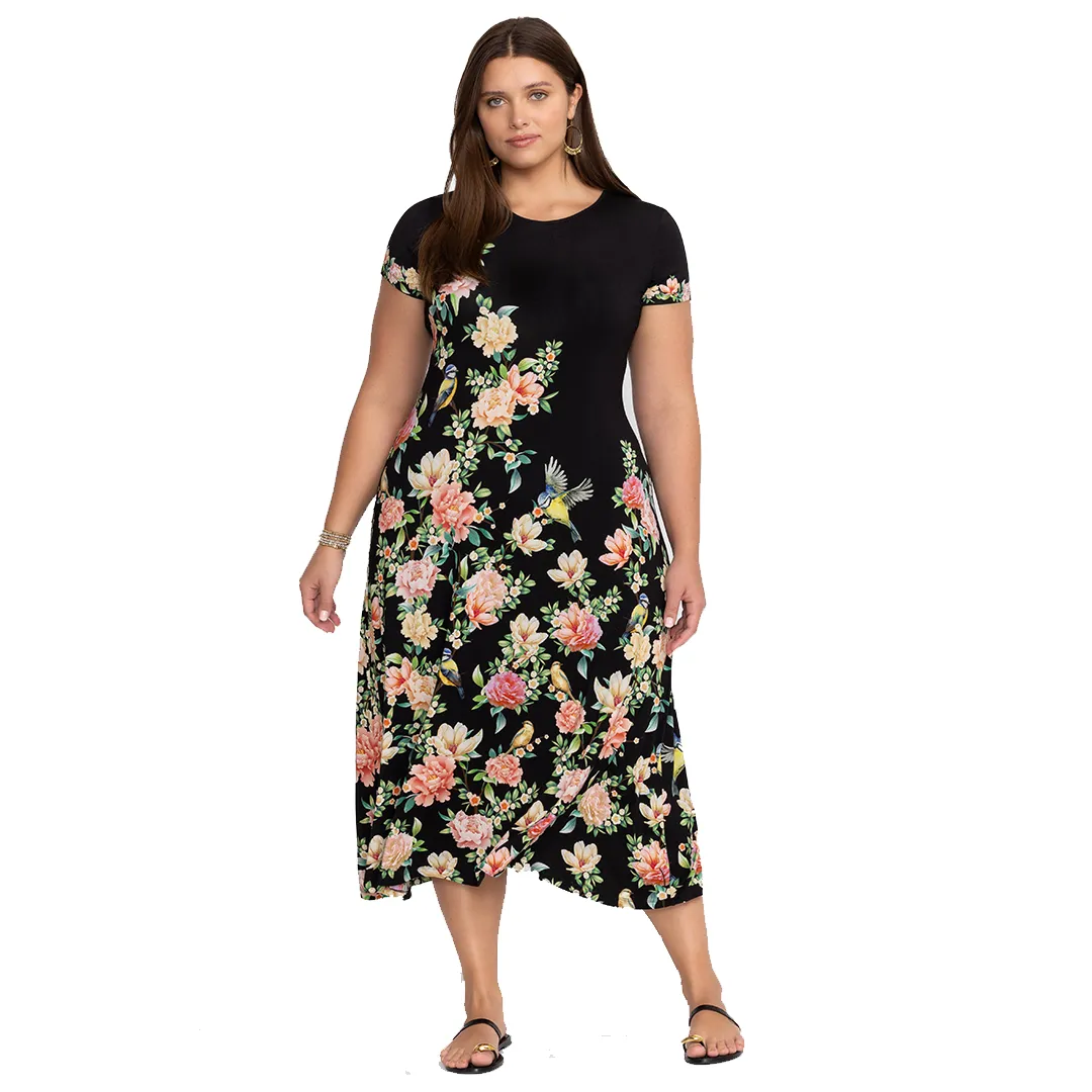 Johnny Was Janie Favorite Birdie Cap Sleeve Dress Plus Black Maxi Floral New