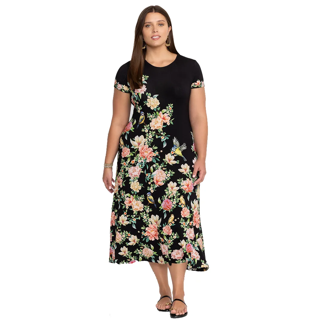 Johnny Was Janie Favorite Birdie Cap Sleeve Dress Plus Black Maxi Floral New