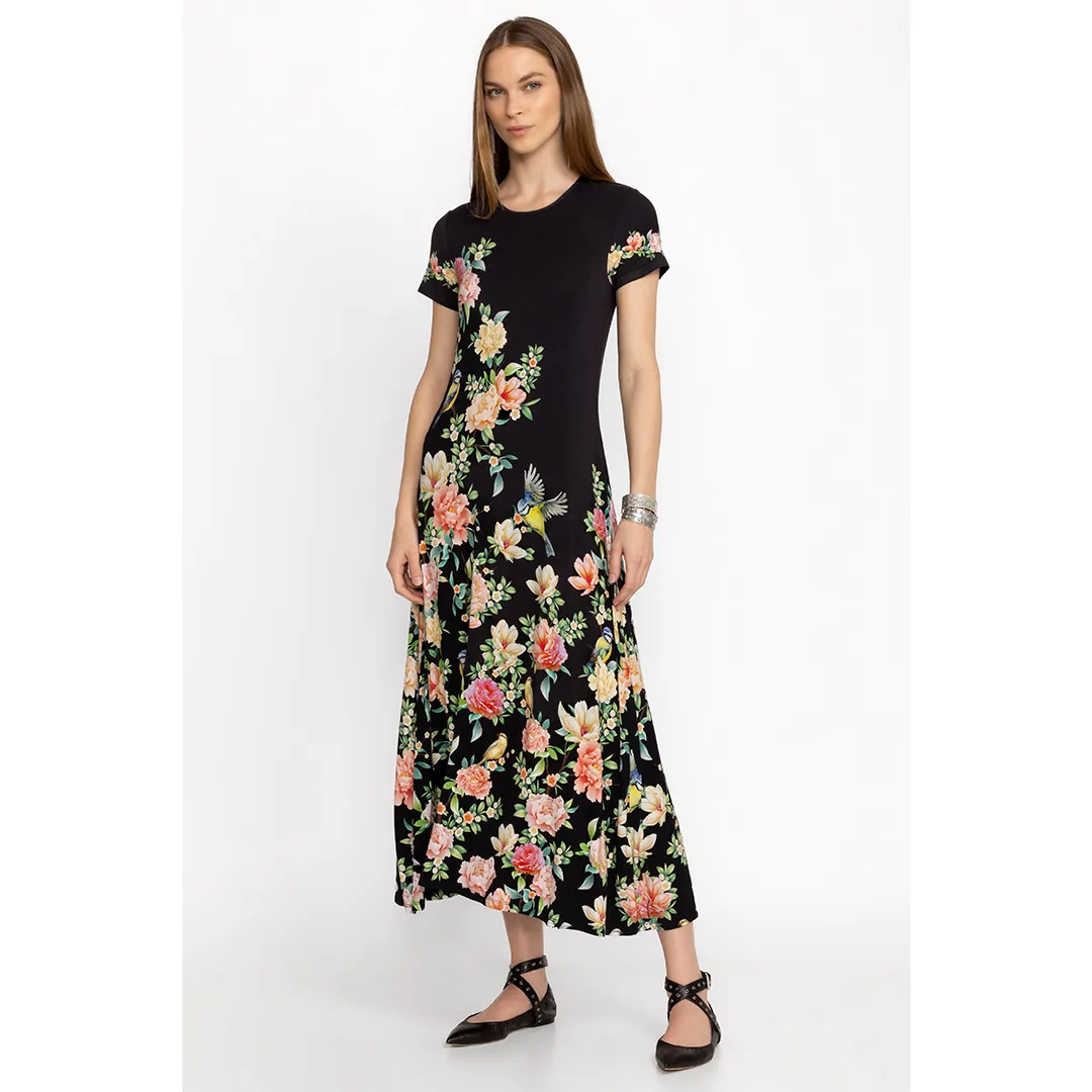 Johnny Was Janie Favorite Birdie Cap Sleeve Dress Plus Black Maxi Floral New