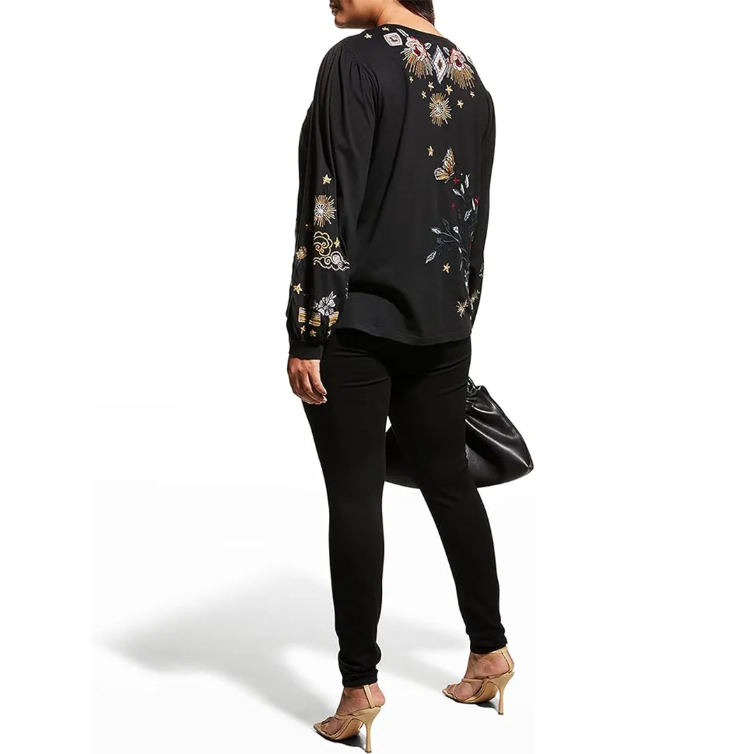 Johnny Was Selah Cuffed Puff Long Sleeve Tee Black Crew Neck Floral Shirt New
