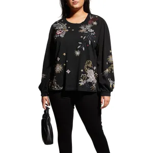 Johnny Was Selah Cuffed Puff Long Sleeve Tee Black Crew Neck Floral Shirt New
