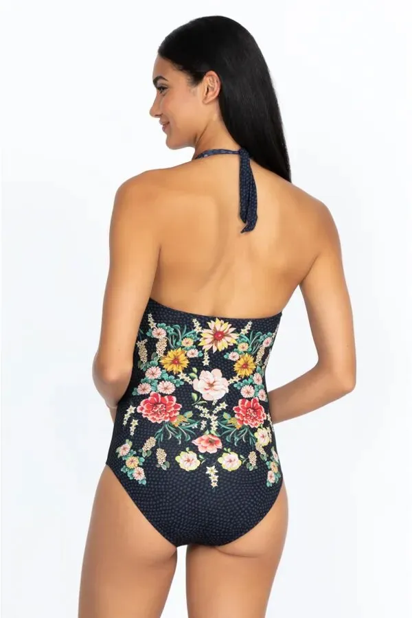 JOHNNY WAS Swimwear TWIST KEYHOLE ONE PIECE Floral Black Swimsuit New