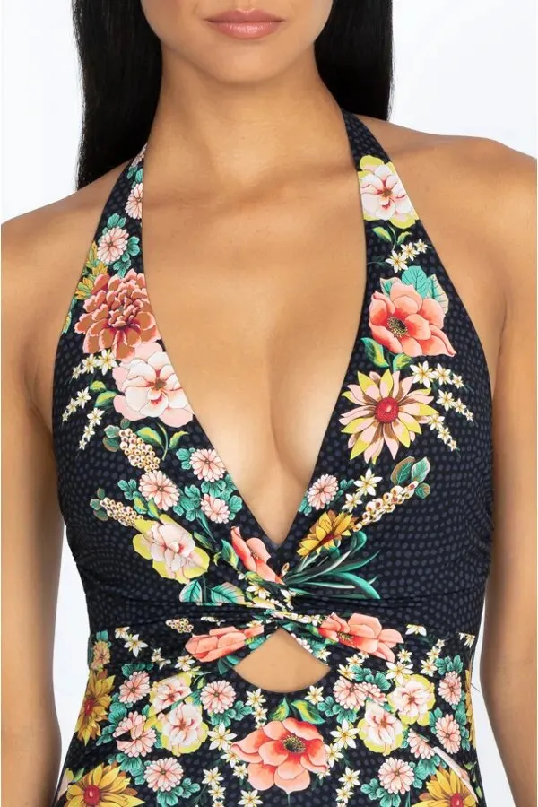 JOHNNY WAS Swimwear TWIST KEYHOLE ONE PIECE Floral Black Swimsuit New