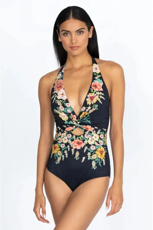 JOHNNY WAS Swimwear TWIST KEYHOLE ONE PIECE Floral Black Swimsuit New