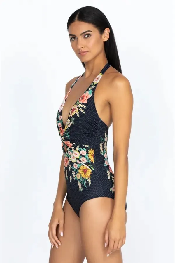 JOHNNY WAS Swimwear TWIST KEYHOLE ONE PIECE Floral Black Swimsuit New