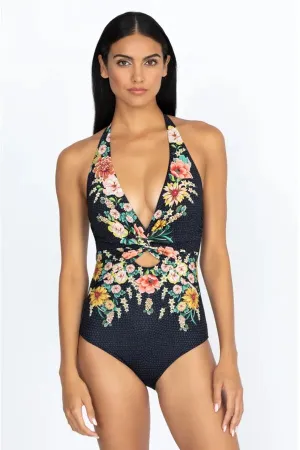 JOHNNY WAS Swimwear TWIST KEYHOLE ONE PIECE Floral Black Swimsuit New