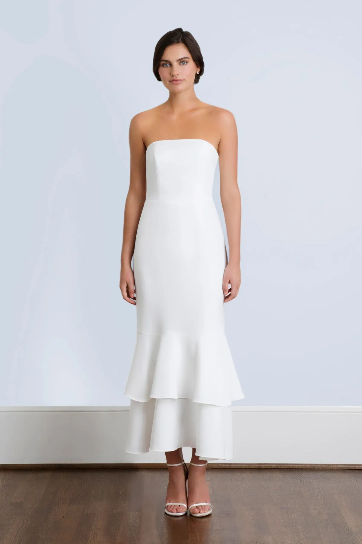 Josette White Strapless Tea Length Rehearsal Dinner and Wedding Dress