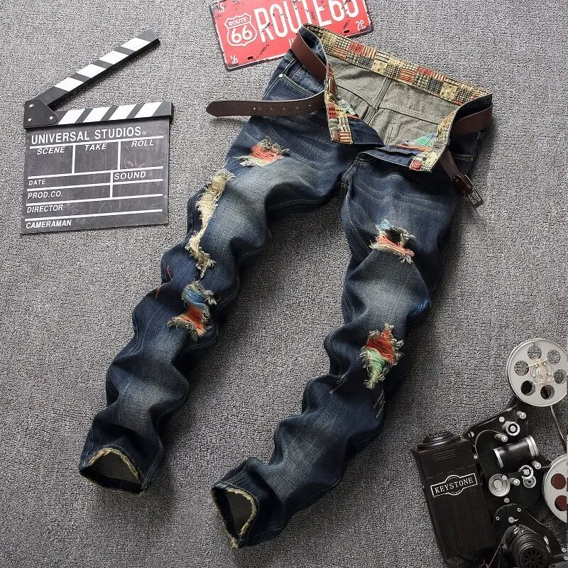 Juniors Frayed Men's Ripped Jeans Mid Waist Jeans Straight Pants
