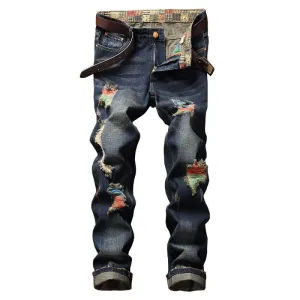 Juniors Frayed Men's Ripped Jeans Mid Waist Jeans Straight Pants