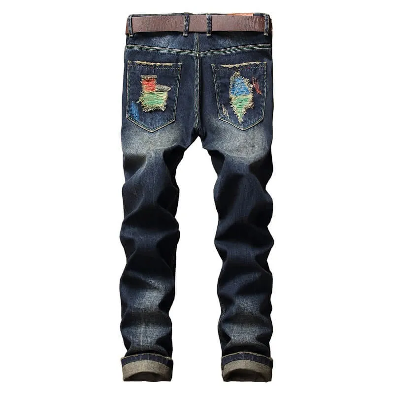 Juniors Frayed Men's Ripped Jeans Mid Waist Jeans Straight Pants