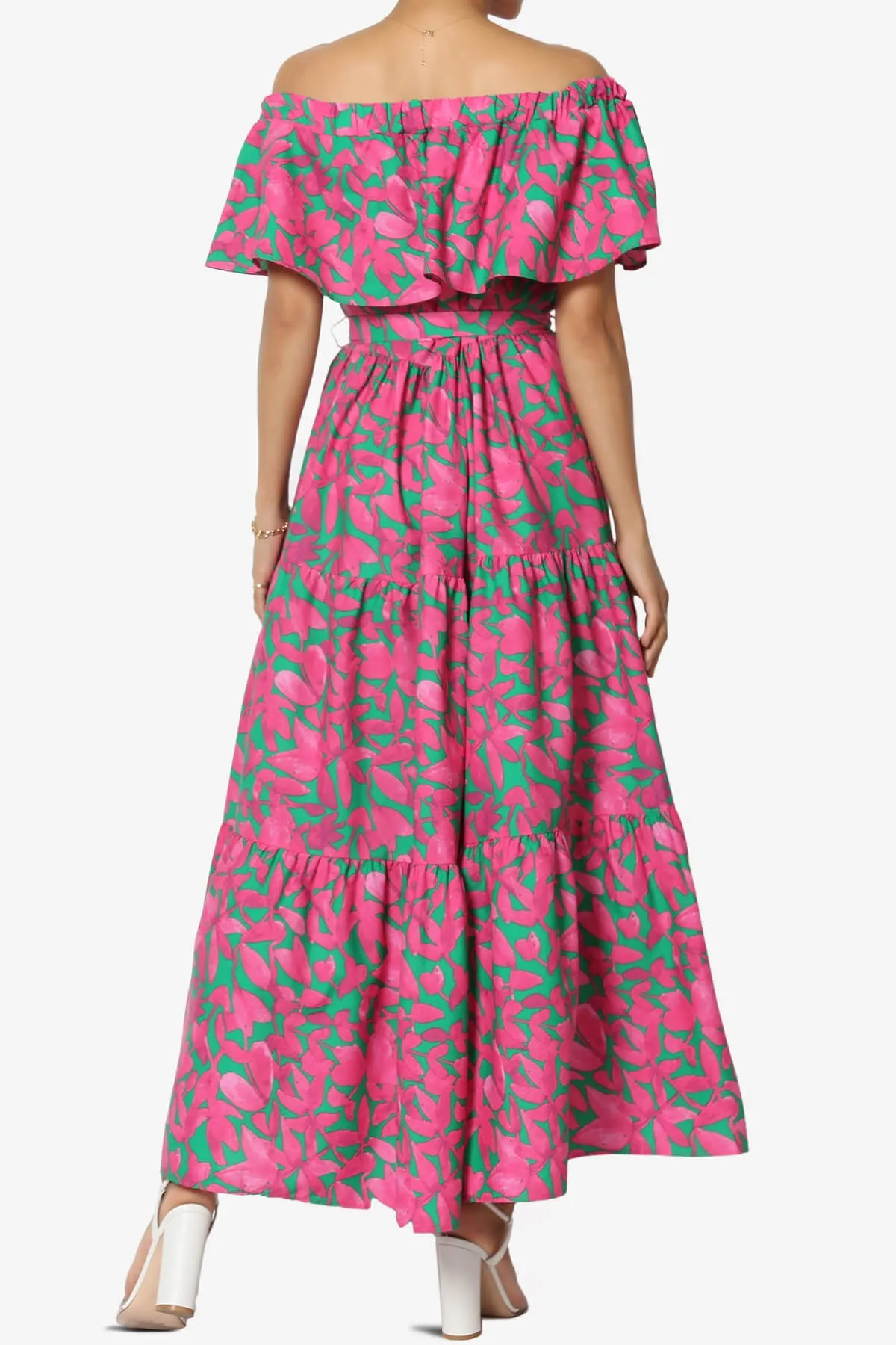 Kenny Ruffle Off Shoulder Floral Woven Long Dress in Hot Pink