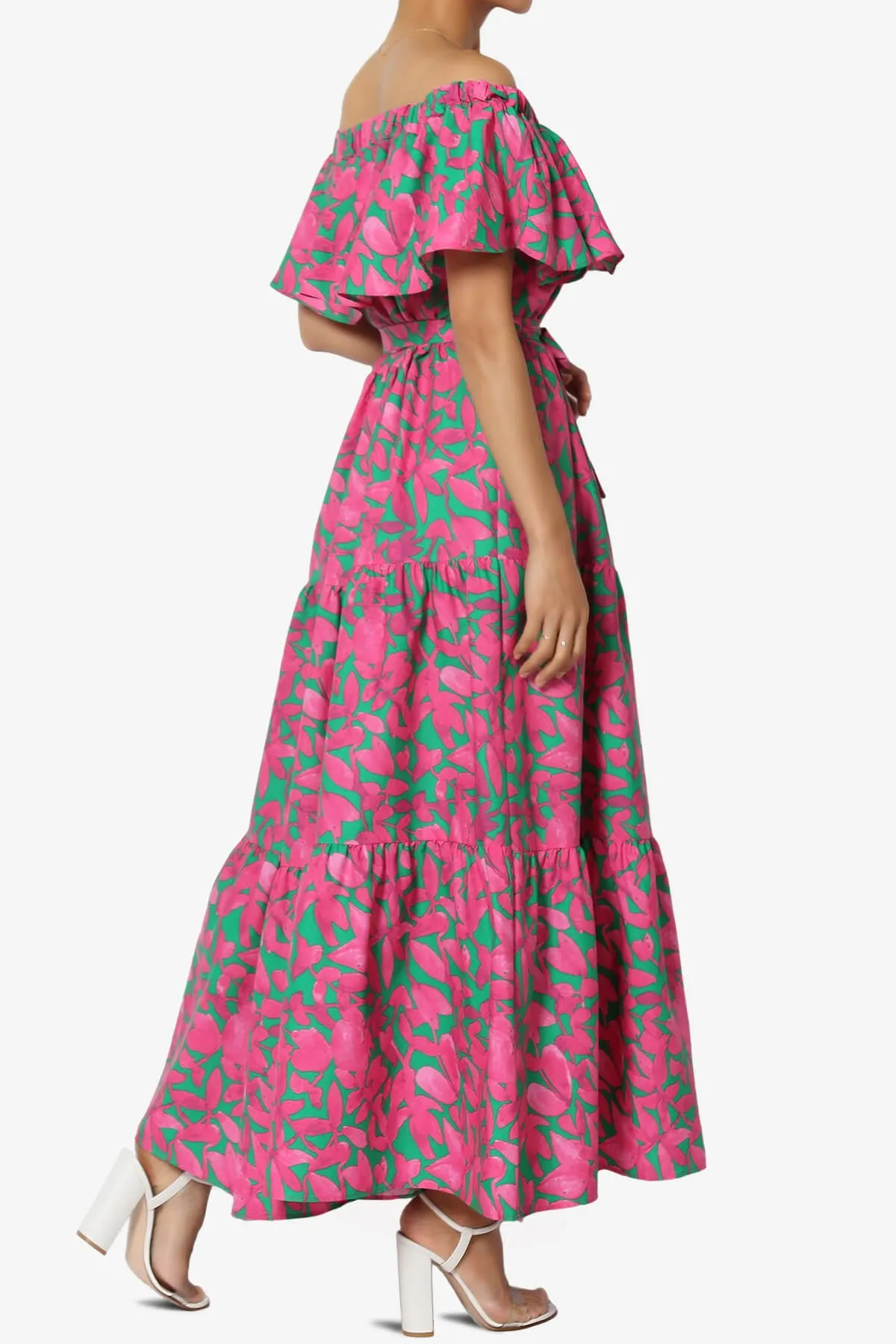 Kenny Ruffle Off Shoulder Floral Woven Long Dress in Hot Pink