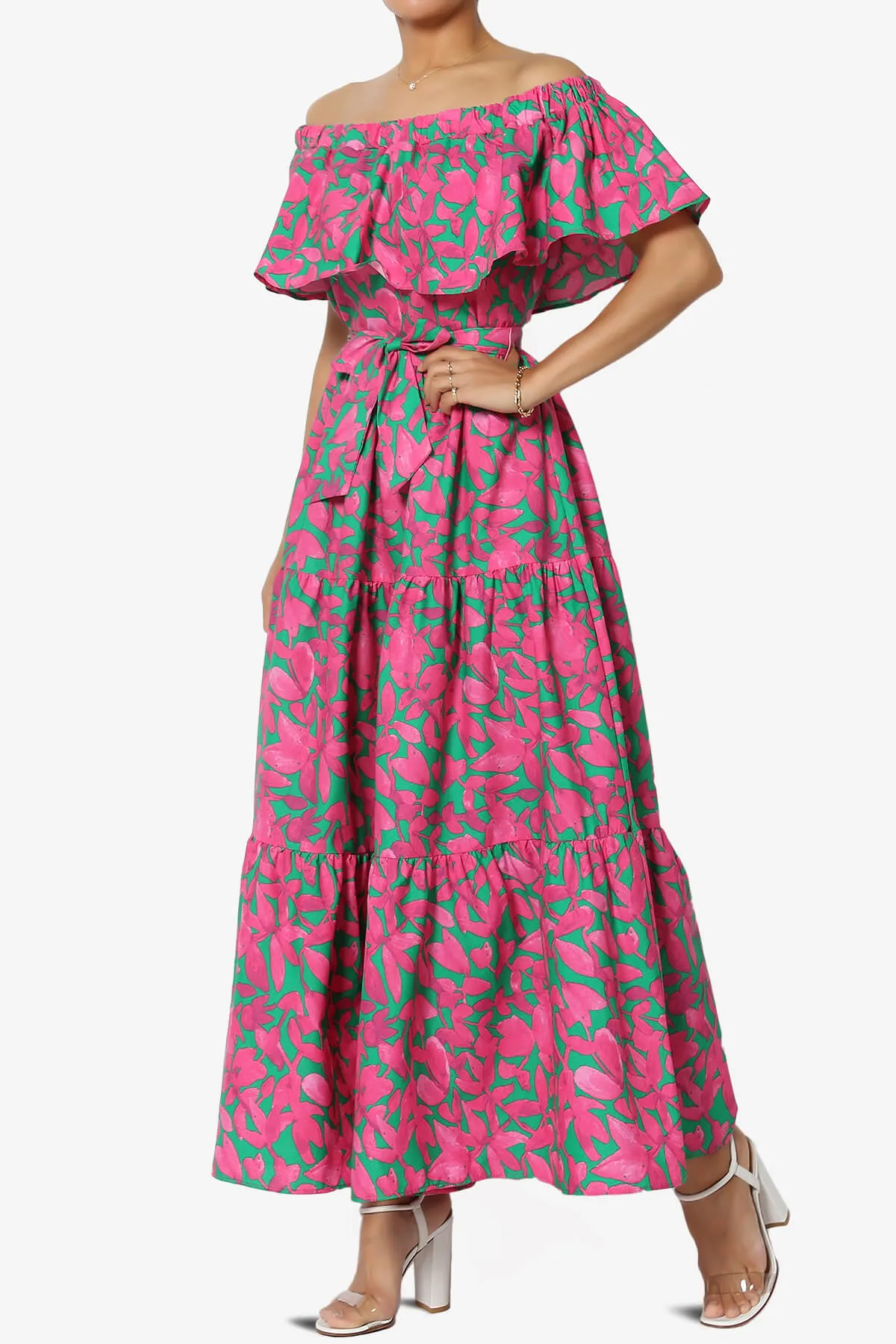 Kenny Ruffle Off Shoulder Floral Woven Long Dress in Hot Pink