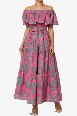 Kenny Ruffle Off Shoulder Floral Woven Long Dress in Hot Pink