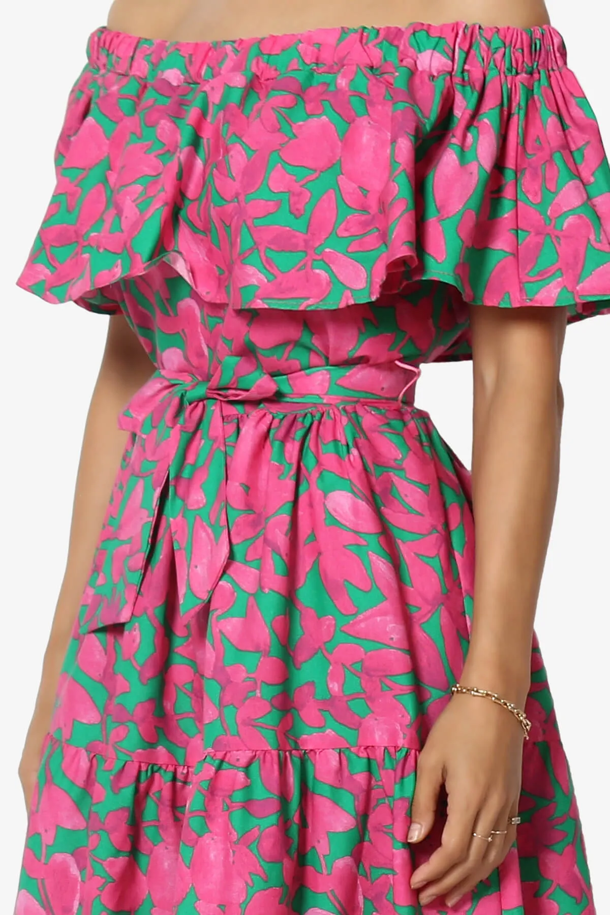 Kenny Ruffle Off Shoulder Floral Woven Long Dress in Hot Pink