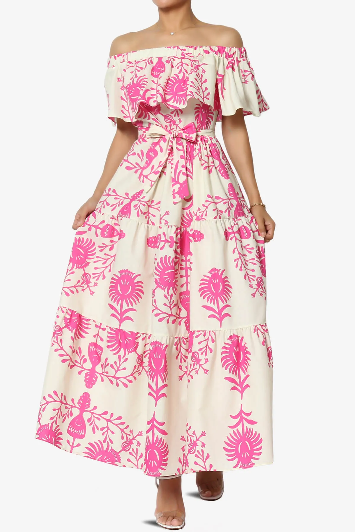 Kenny Ruffle Off Shoulder Floral Woven Long Dress in Pink
