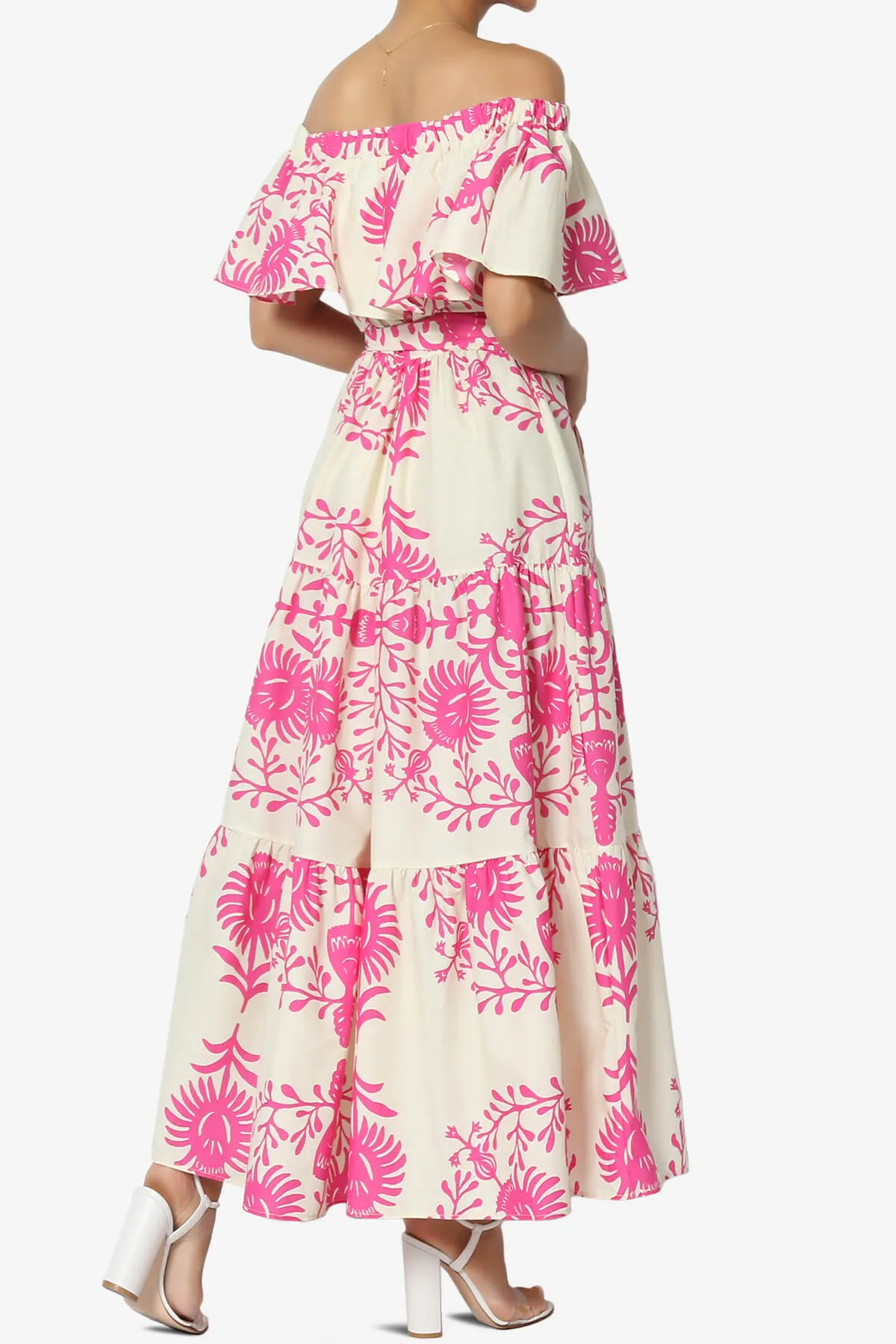 Kenny Ruffle Off Shoulder Floral Woven Long Dress in Pink