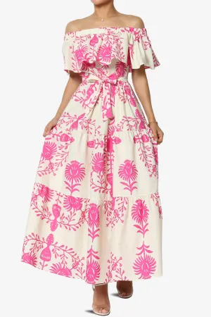 Kenny Ruffle Off Shoulder Floral Woven Long Dress in Pink