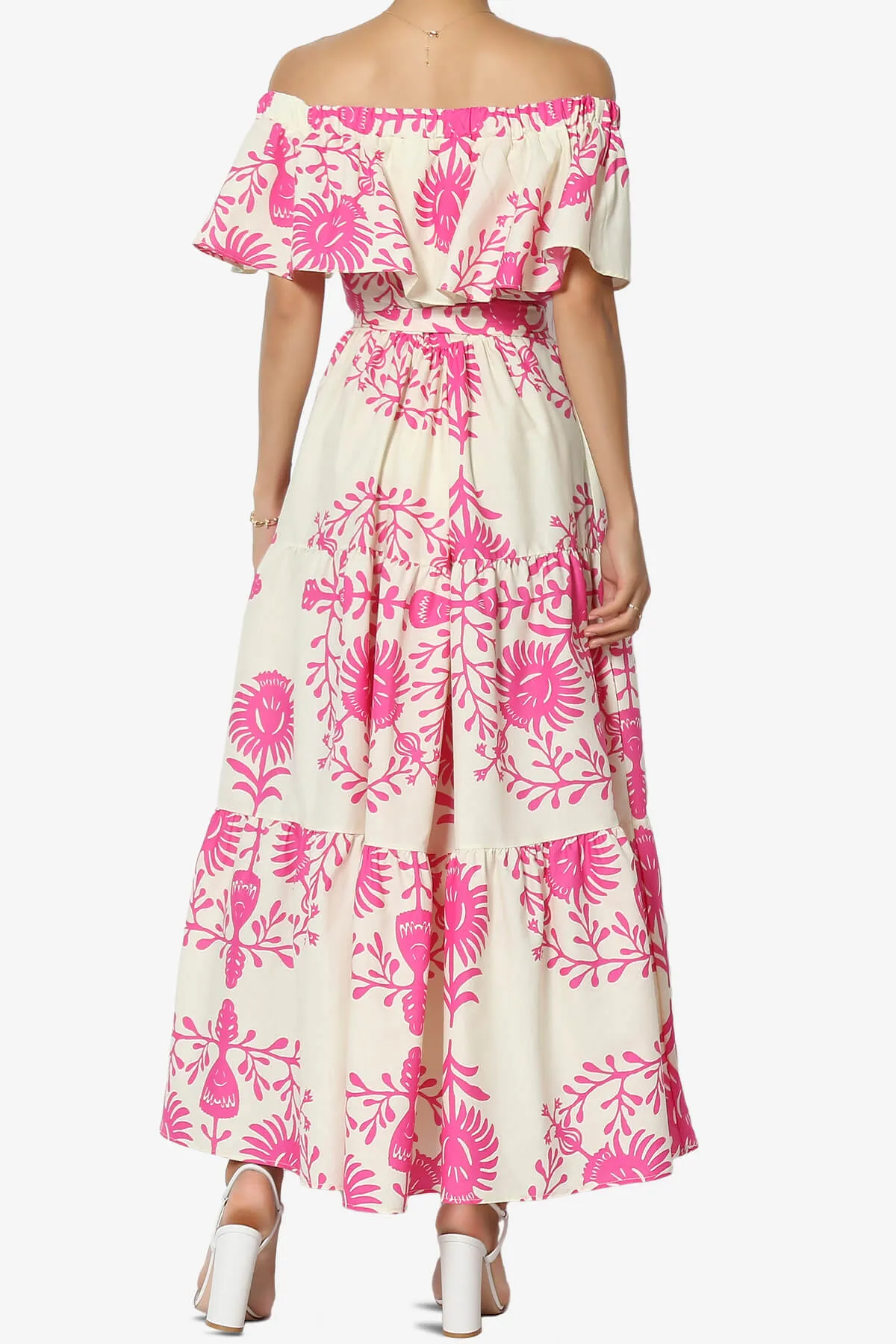 Kenny Ruffle Off Shoulder Floral Woven Long Dress in Pink