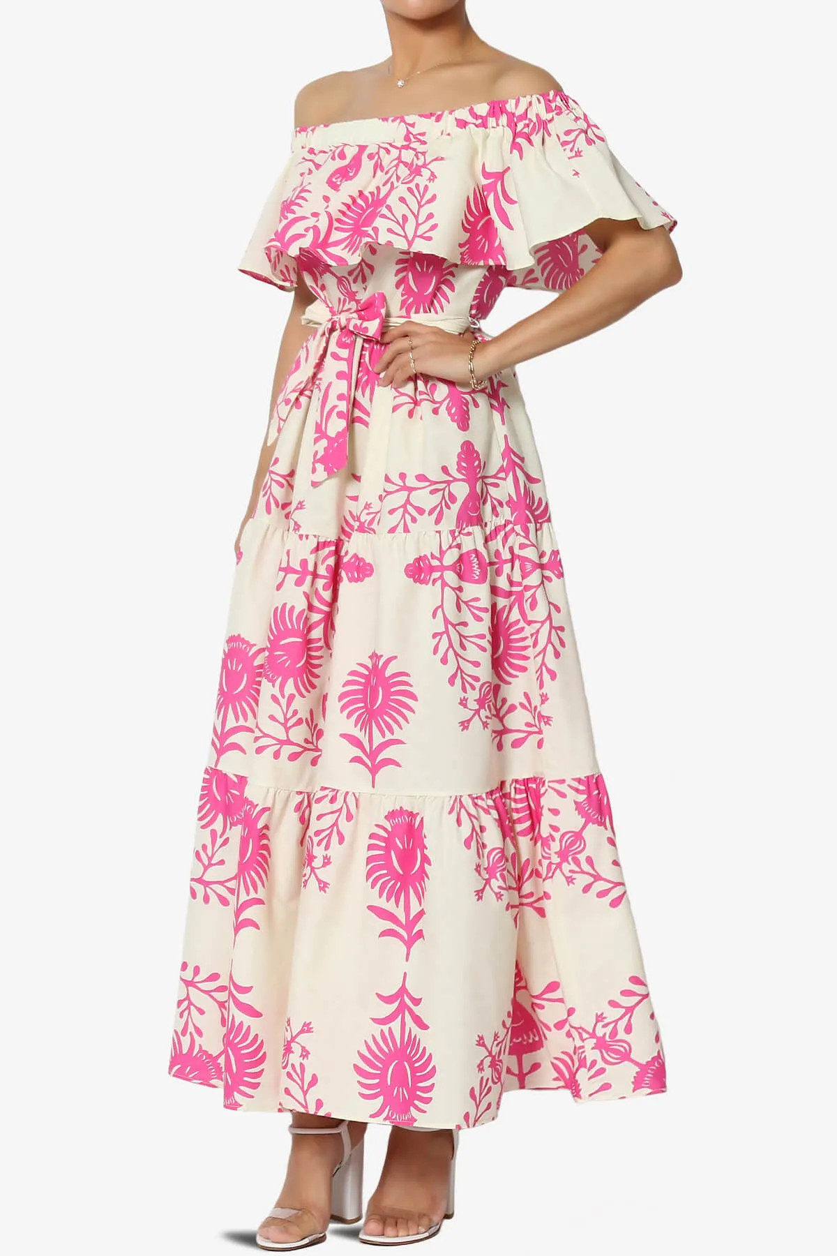 Kenny Ruffle Off Shoulder Floral Woven Long Dress in Pink