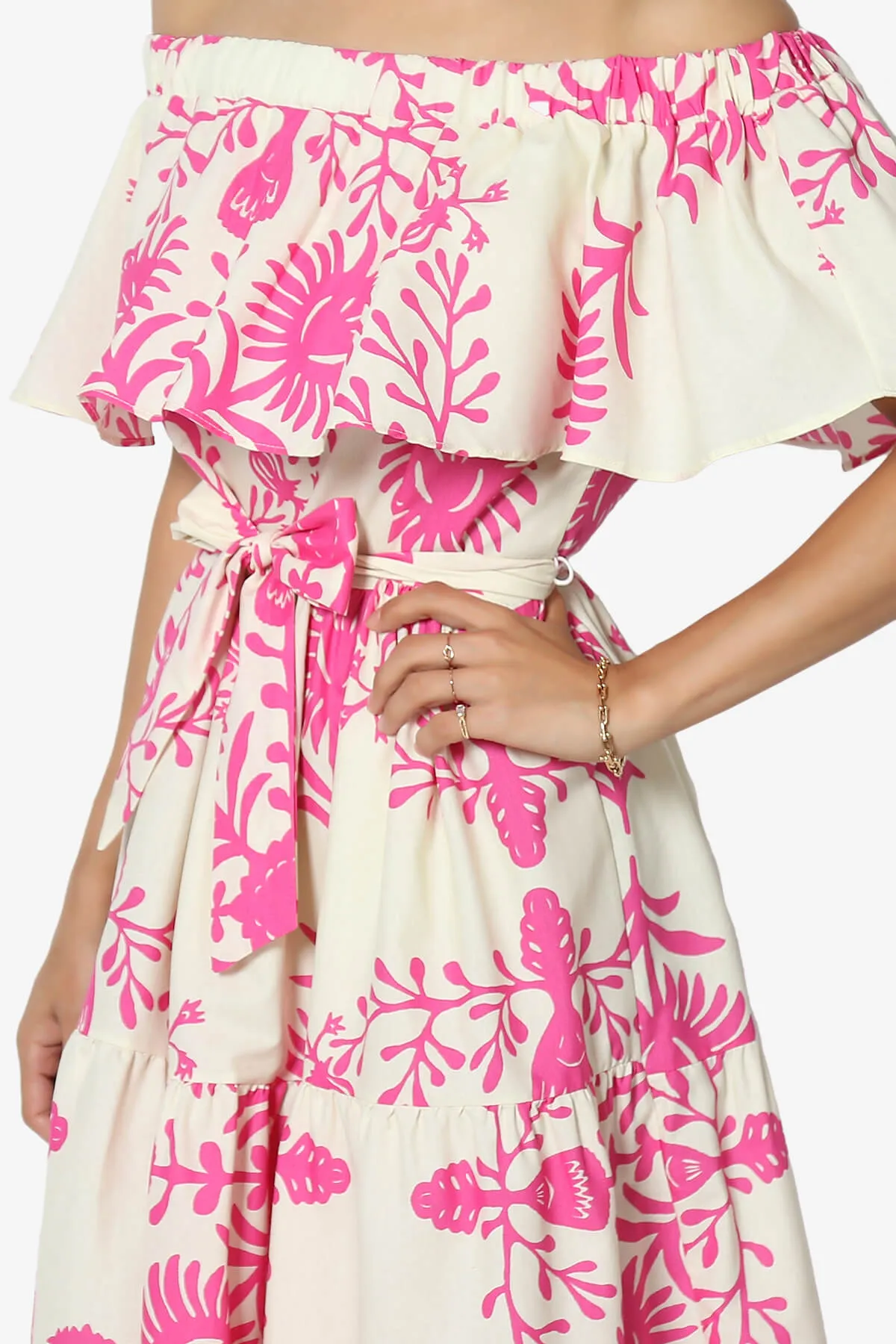 Kenny Ruffle Off Shoulder Floral Woven Long Dress in Pink