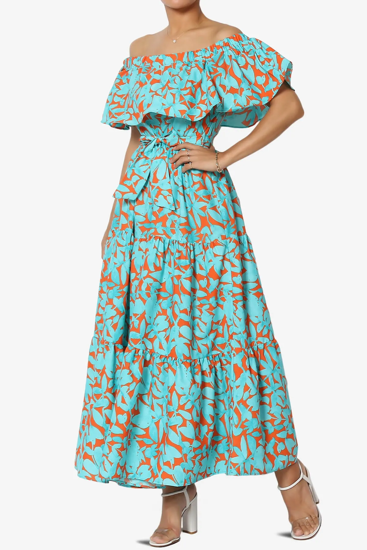 Kenny Ruffle Off Shoulder Floral Woven Long Dress in Turquoise