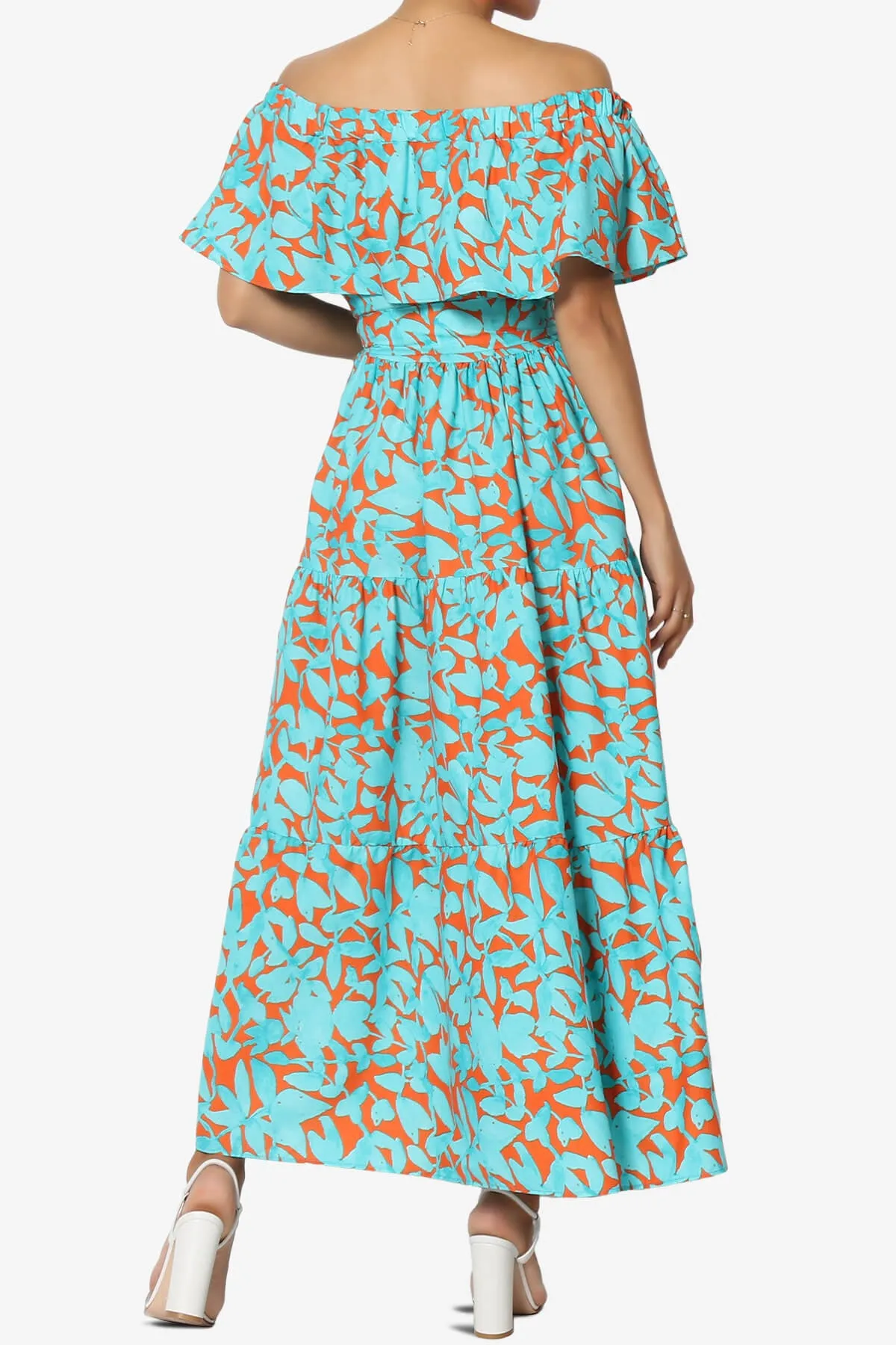 Kenny Ruffle Off Shoulder Floral Woven Long Dress in Turquoise