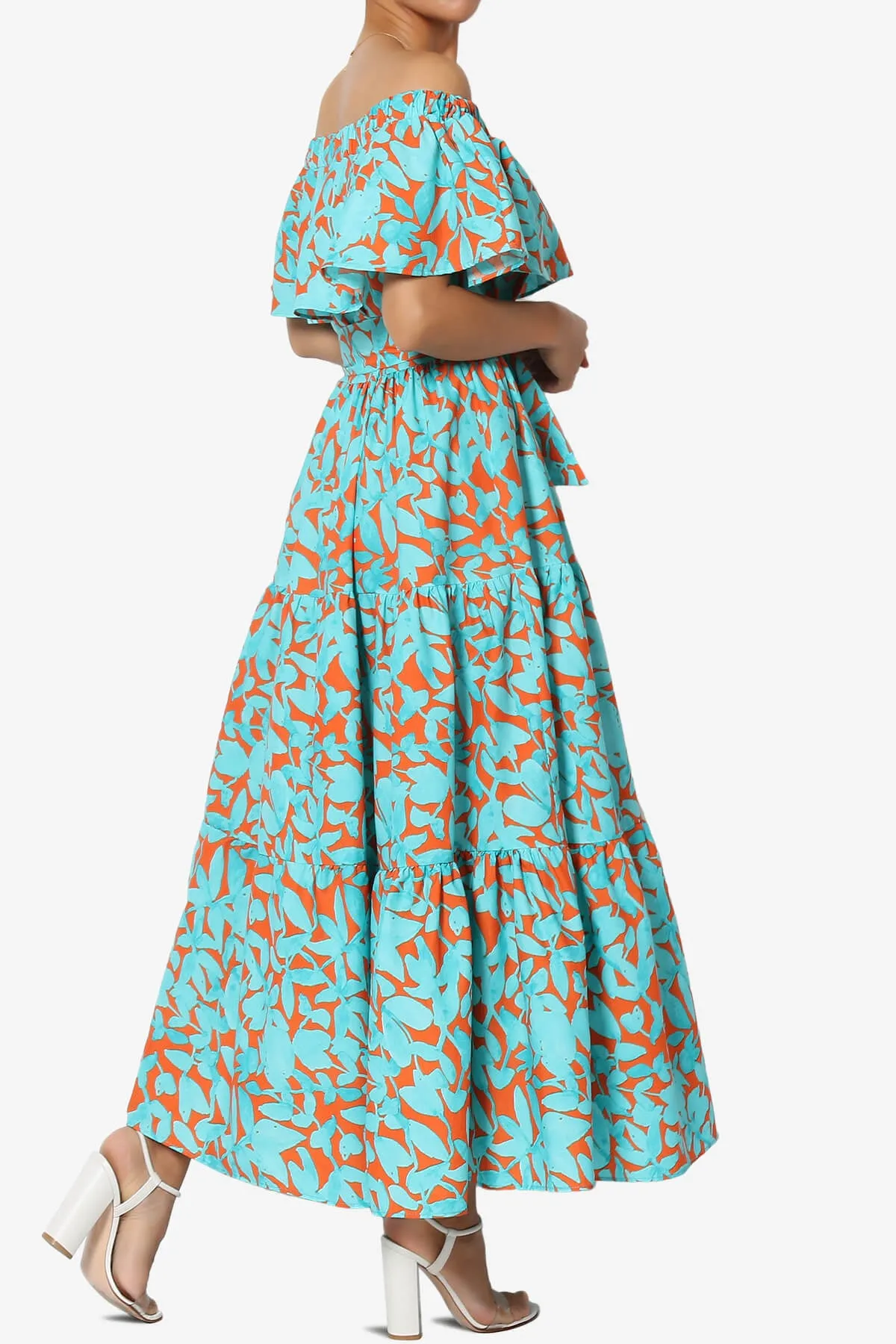 Kenny Ruffle Off Shoulder Floral Woven Long Dress in Turquoise