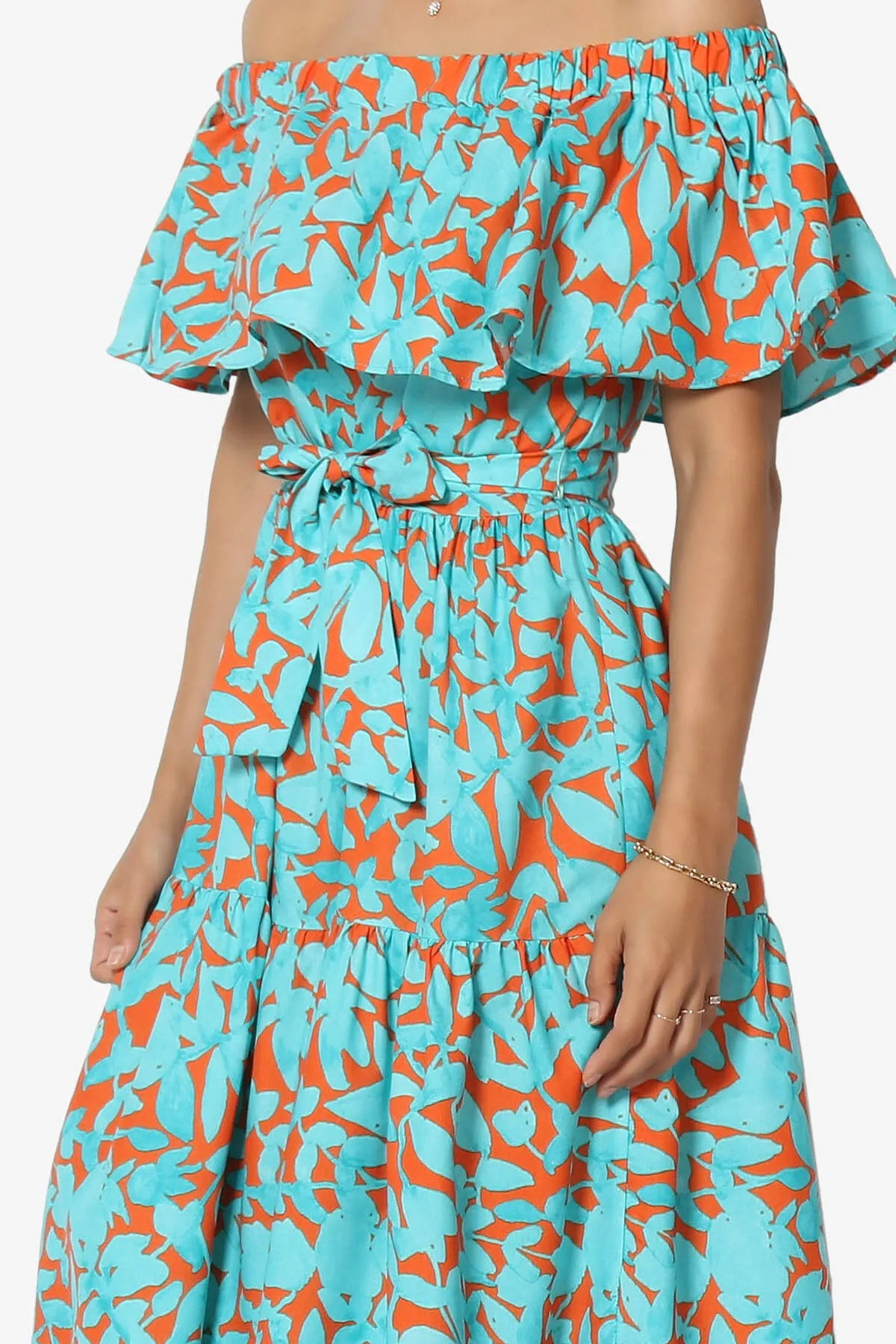 Kenny Ruffle Off Shoulder Floral Woven Long Dress in Turquoise