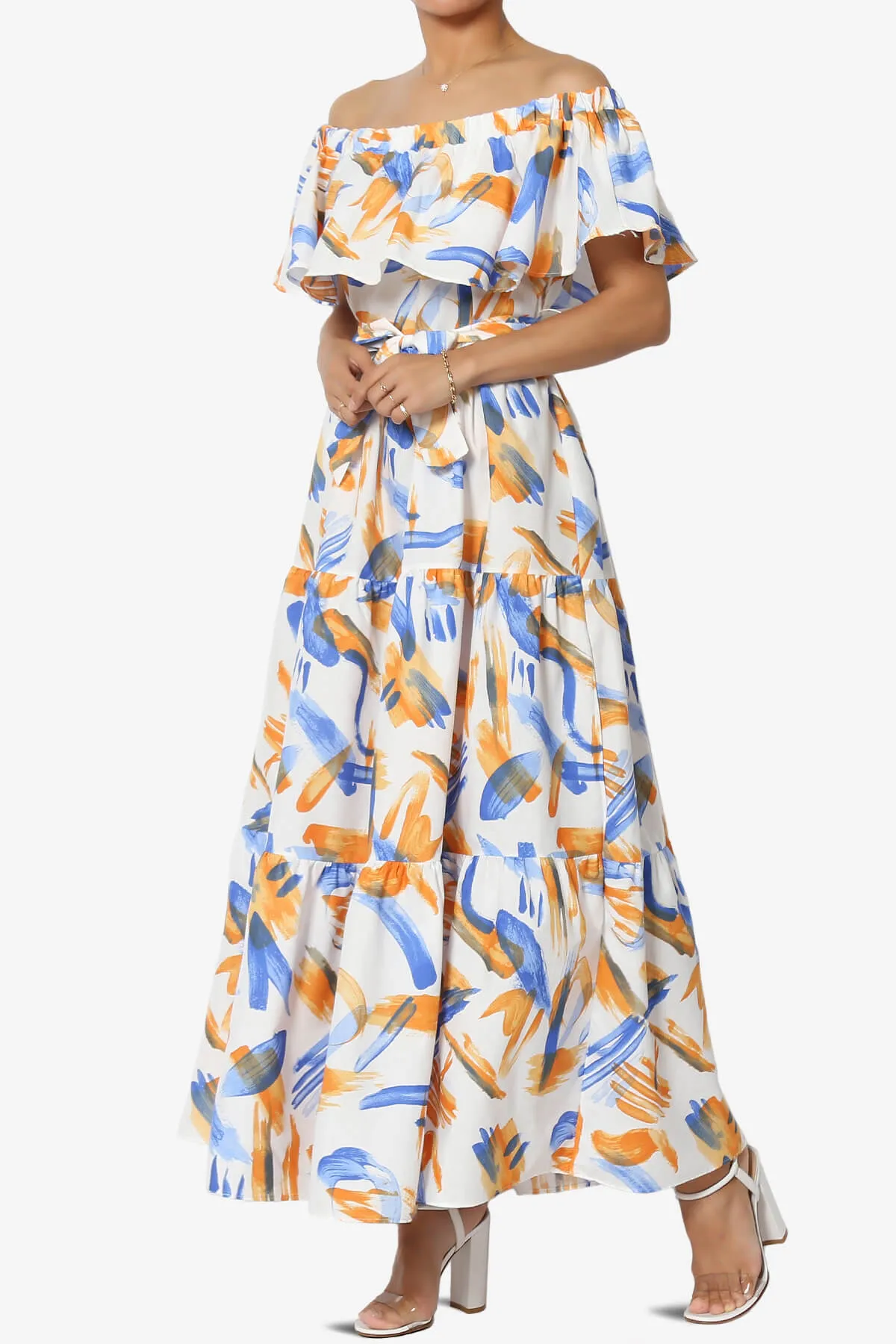 Kenny Ruffle Off Shoulder Printed Woven Long Dress in Blue