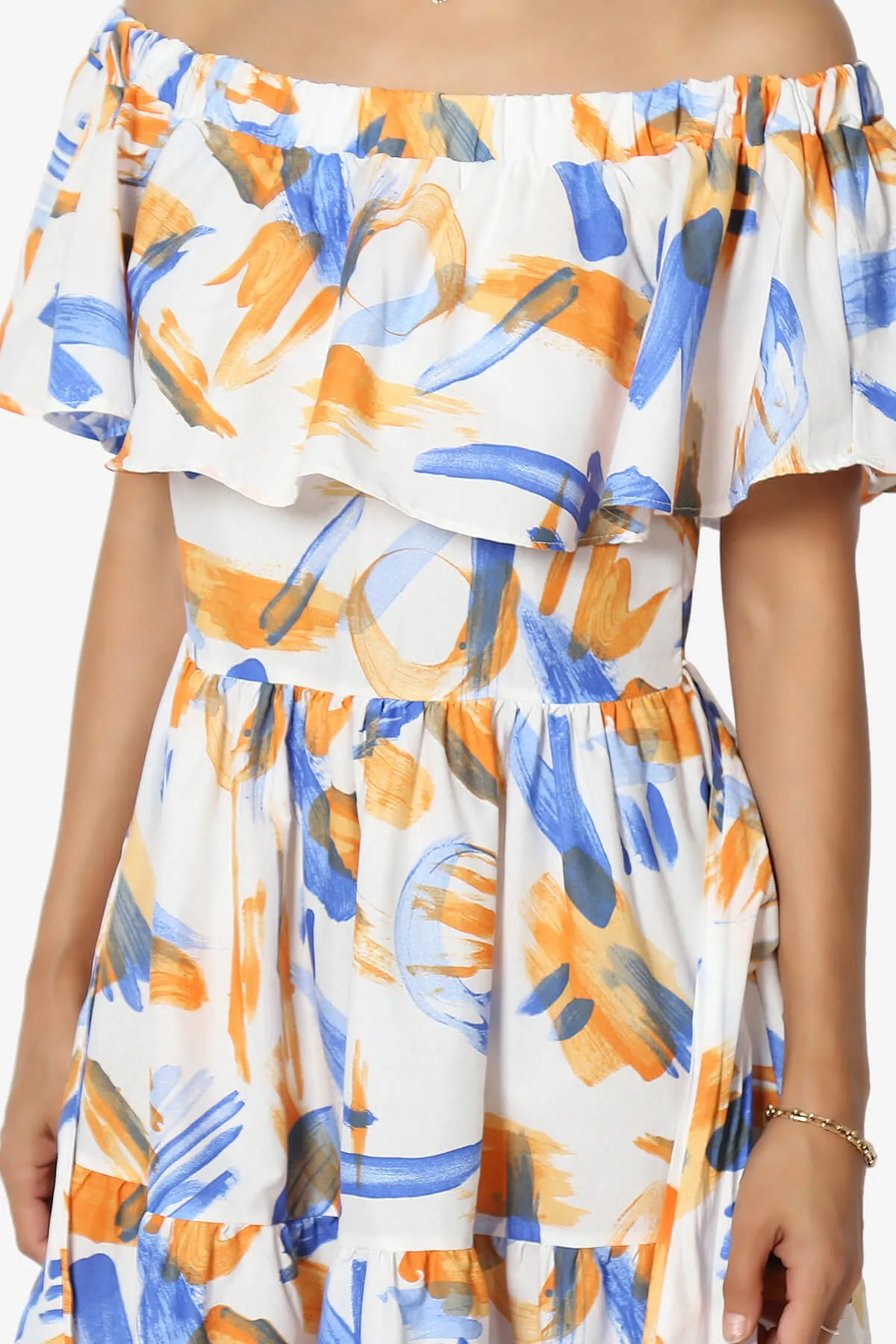Kenny Ruffle Off Shoulder Printed Woven Long Dress in Blue