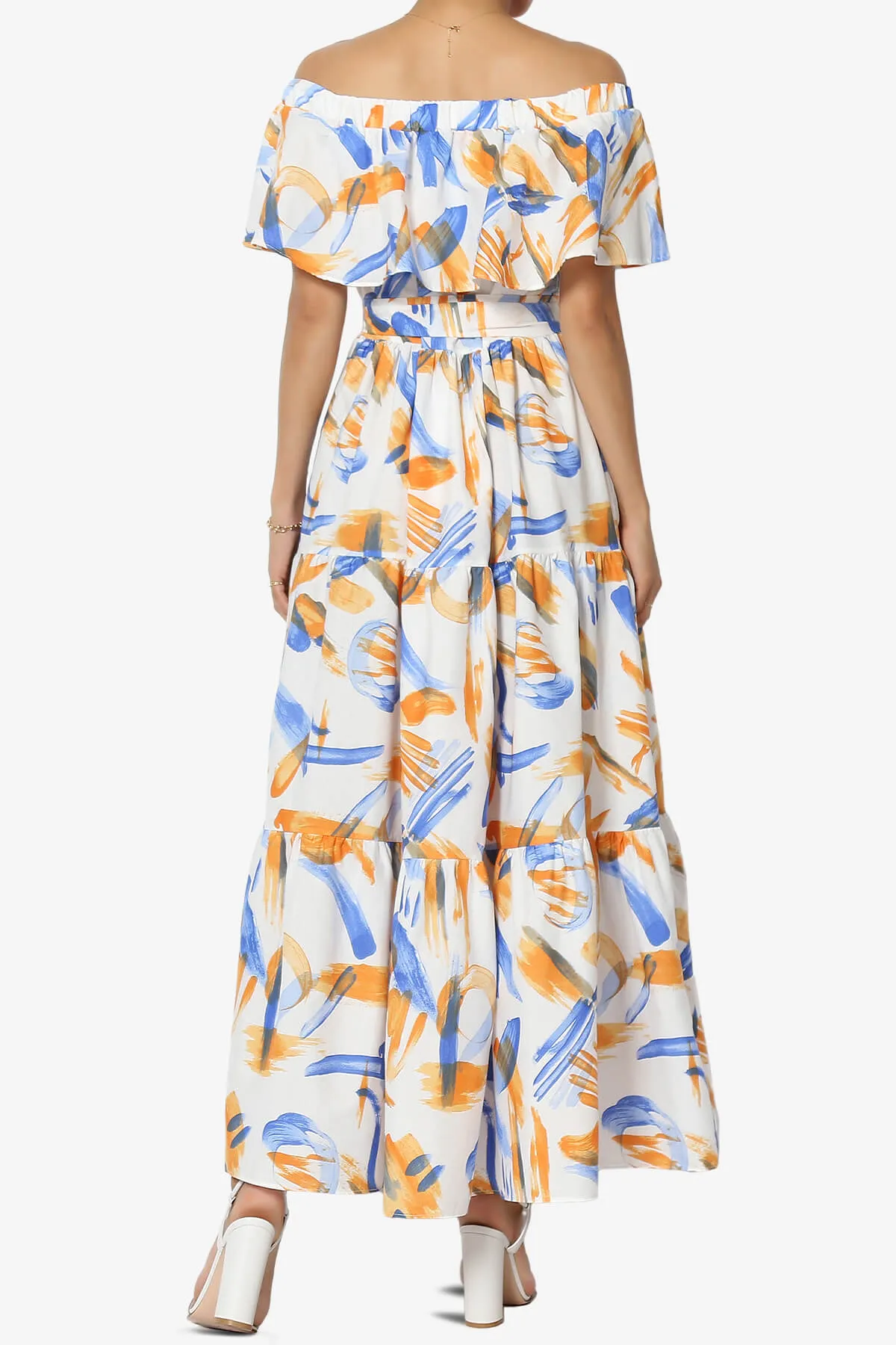 Kenny Ruffle Off Shoulder Printed Woven Long Dress in Blue
