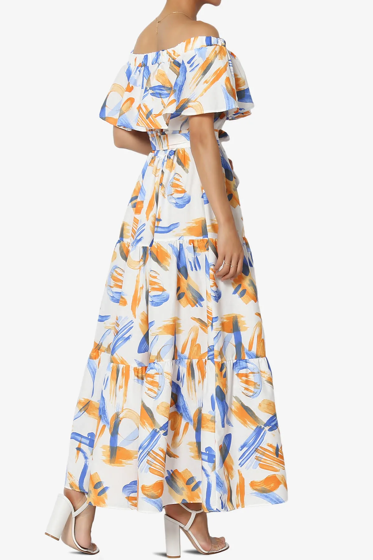 Kenny Ruffle Off Shoulder Printed Woven Long Dress in Blue