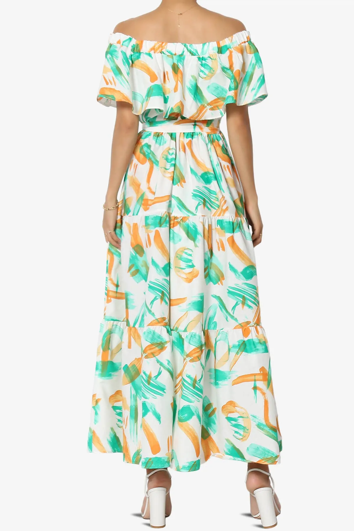 Kenny Ruffle Off Shoulder Printed Woven Long Dress