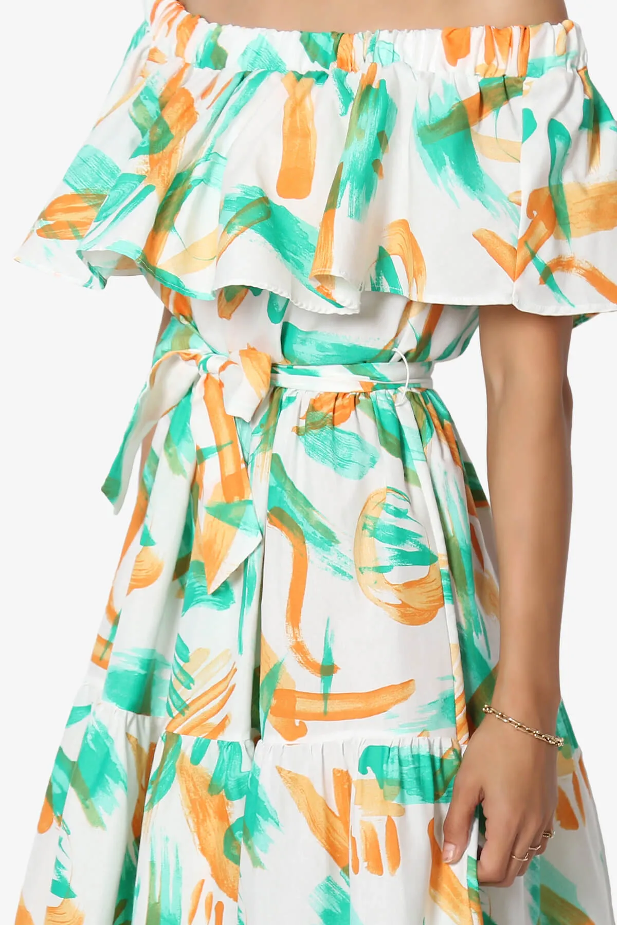 Kenny Ruffle Off Shoulder Printed Woven Long Dress