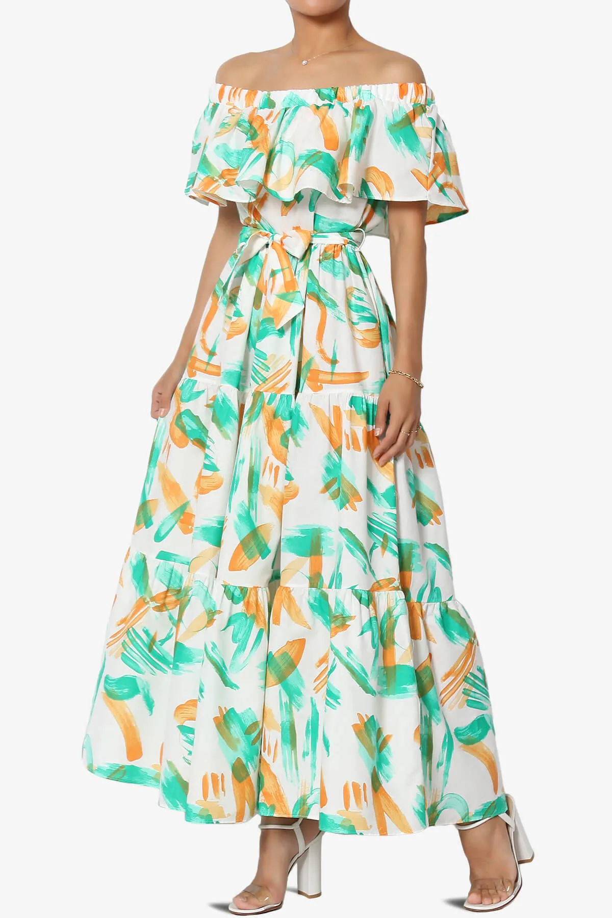 Kenny Ruffle Off Shoulder Printed Woven Long Dress