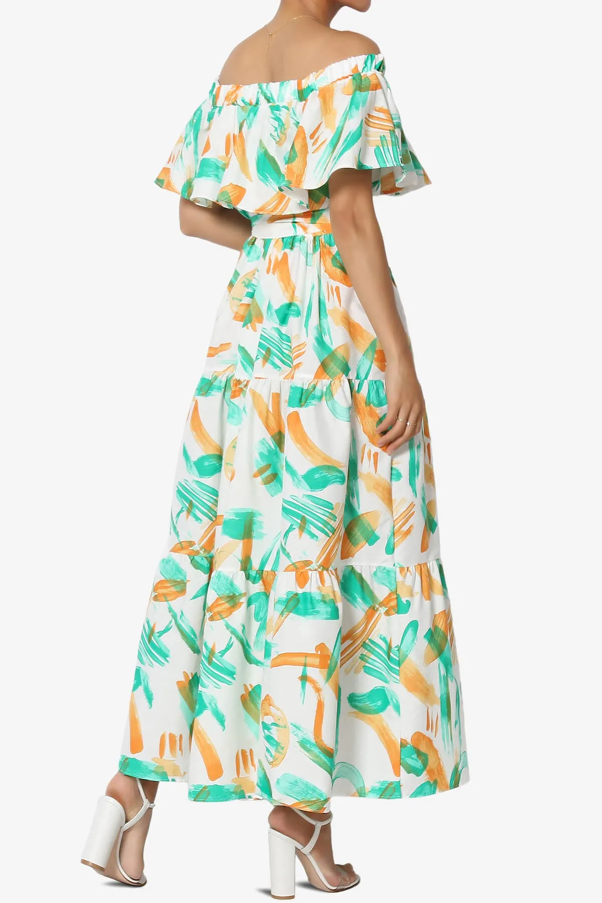 Kenny Ruffle Off Shoulder Printed Woven Long Dress