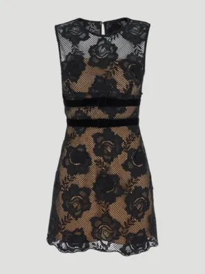 Lace Velvet Bow Mini Dress in Black
