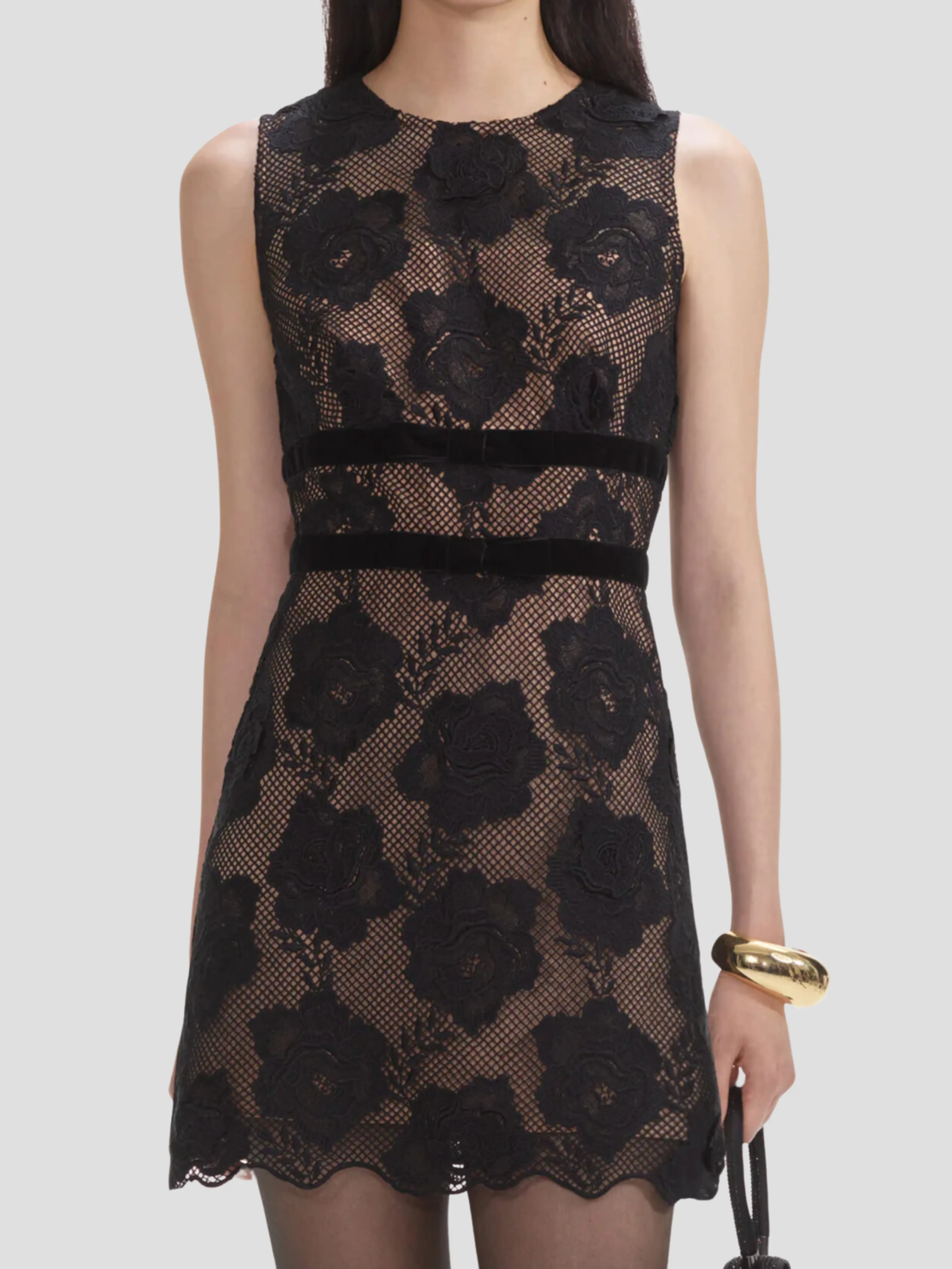 Lace Velvet Bow Mini Dress in Black