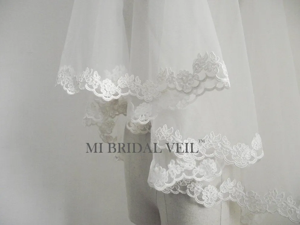Lace Wedding Veil, Mantilla Rose Lace Veil, Bridal Veil w Blusher Fingertip, Mi Bridal