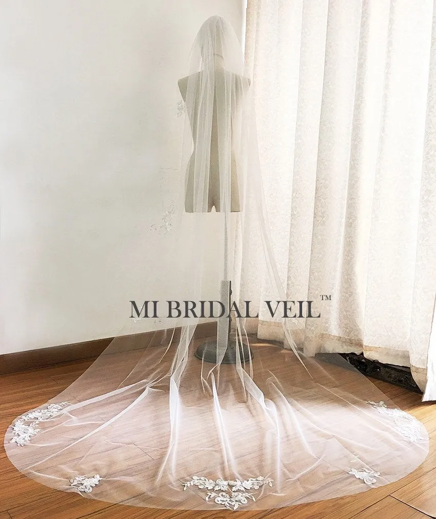 Lace Wedding Veil, Silver Lace Applique Chapel Lace Veil, Mi Bridal